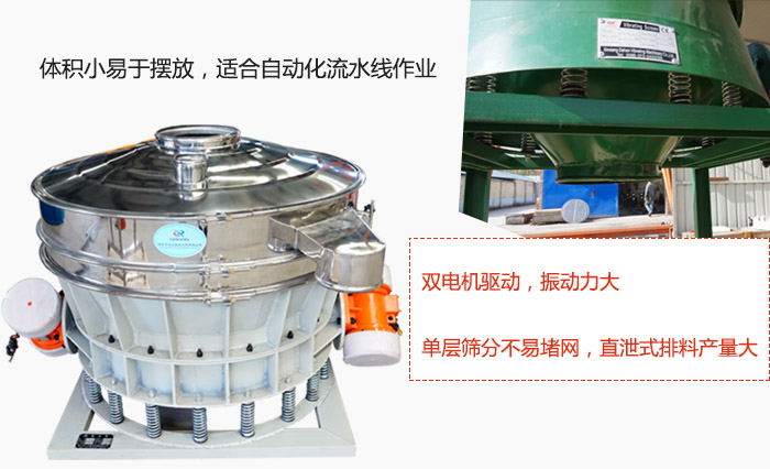 雙電機驅(qū)動，振動力大，單層篩分不易堵網(wǎng)，直泄式排料產(chǎn)量大