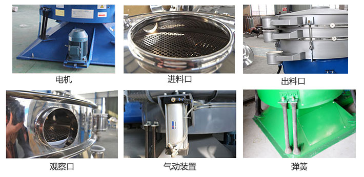 搖擺篩分機(jī)由進(jìn)料口，出料口，觀察口，電機(jī)，彈簧，氣動裝置等部件組成