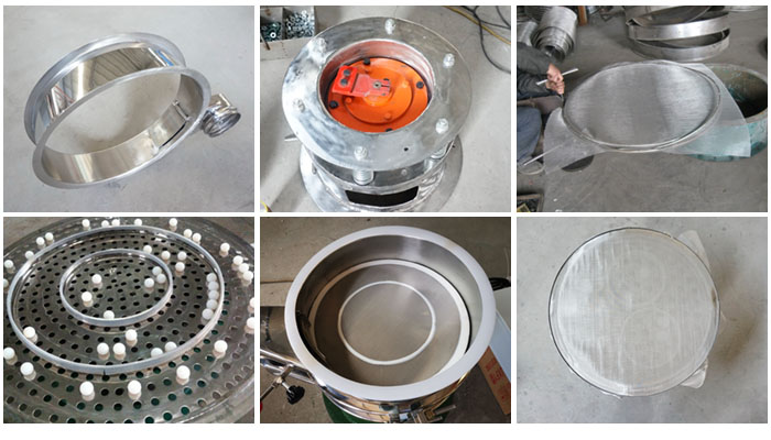 不銹鋼小型振動篩細節(jié)：振動篩篩框，振動電機座，篩網，彈跳球，密封圈，篩網網架。