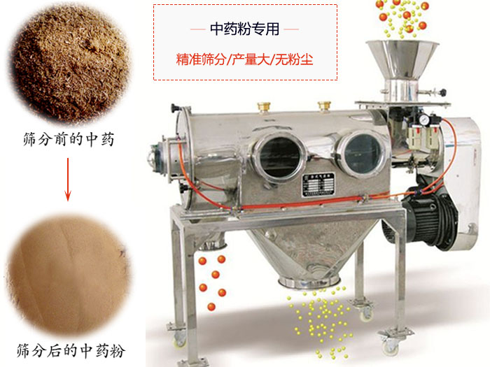 WQS50-130臥式氣流篩：中藥粉專(zhuān)用篩：精度篩分/產(chǎn)量大/無(wú)粉塵符合標(biāo)準(zhǔn)。