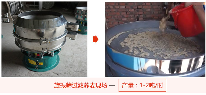 旋振篩過(guò)濾蕎麥現(xiàn)場(chǎng)，產(chǎn)量可達(dá)2噸每小時(shí)。