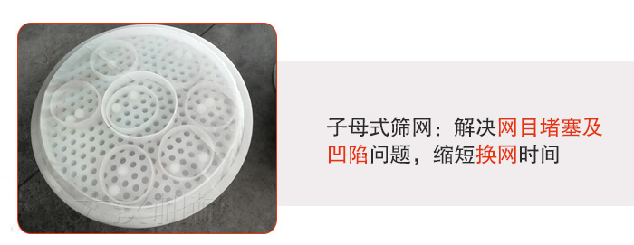 塑料防腐蝕振動(dòng)篩采用子母扣式網(wǎng)架可安裝彈跳球進(jìn)行清網(wǎng)，解決篩網(wǎng)堵塞問(wèn)題。