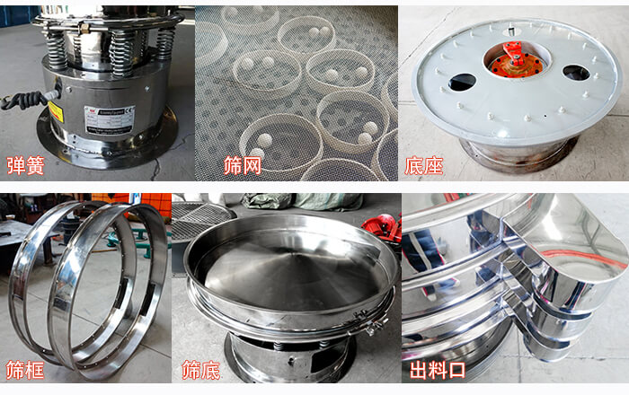 細節(jié)展示：篩框，篩網(wǎng)，振動底座，振動體，出料口。