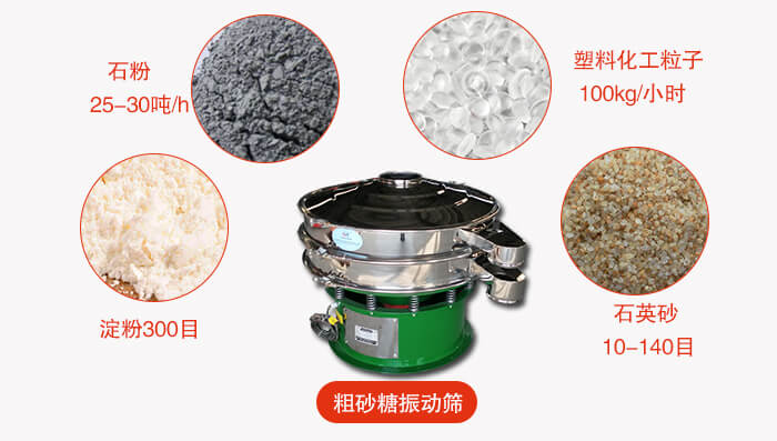 　粗砂糖振動(dòng)篩更多適用范圍:食品行業(yè)，化工行業(yè)，制藥行業(yè)，行業(yè)，冶金行業(yè)等。